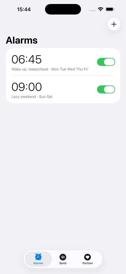 Alarms tab showing scheduled wake-ups with repeat days.