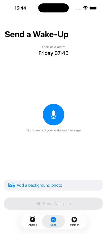 Compose screen for recording a voice message and optional photo for your partner.