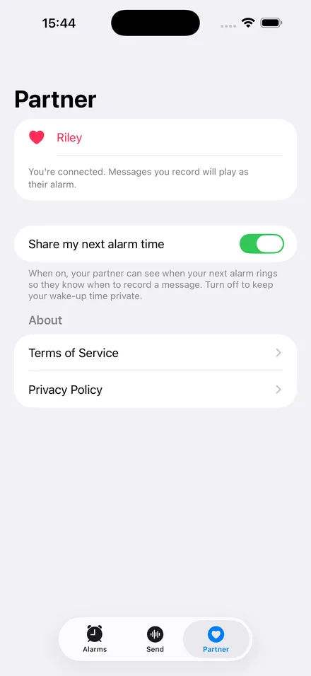 Partner tab showing your connection and alarm-sharing settings.