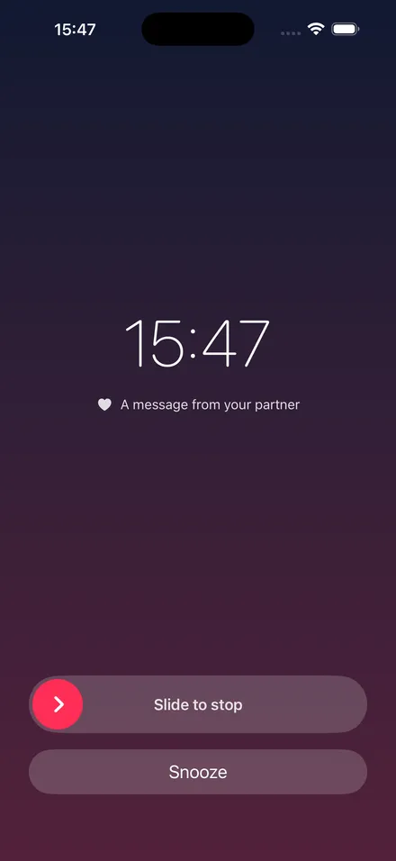 Full-screen wake alarm playing your partner’s voice message.